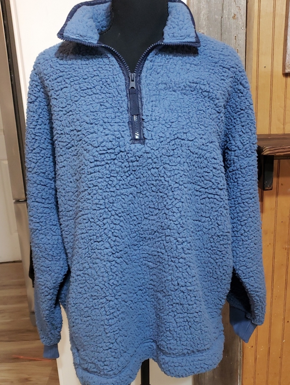 Aerie Quarter Zip Pullover Long Sleeve Blue Sherpa Jacket Oversized Med